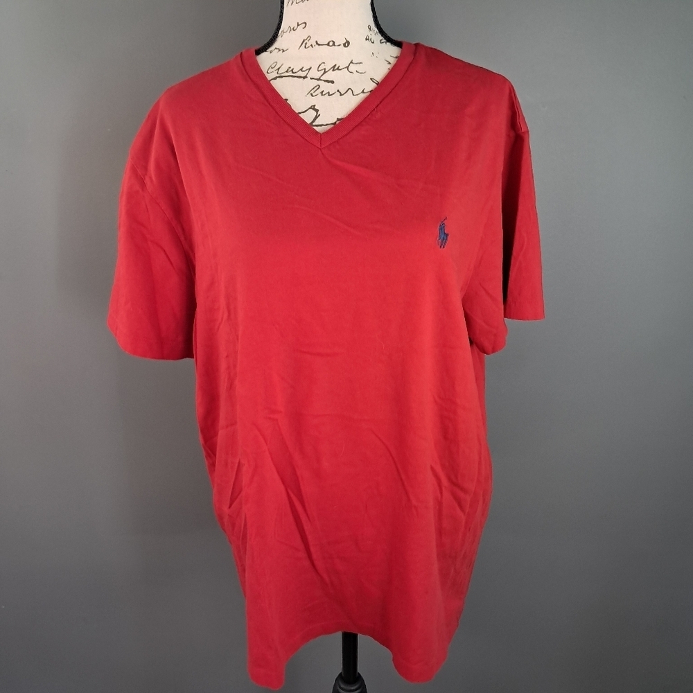 Polo Ralph Lauren Mens Red V-neck T-shirt Size Large Navy Pony